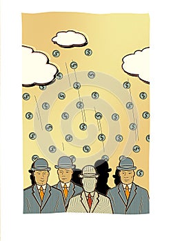 Crowd of men in business suits and hats with dull faces against the background of coins falling from the clouds with the dollar