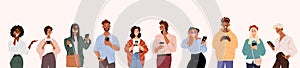 Crowd of modern men and women using phone to communicate, group of teenagers with gadgets, set of flat cartoon vector