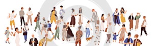 Crowd of multiethnic male and female person vector flat illustration. Diverse various people walking, hugging, talking