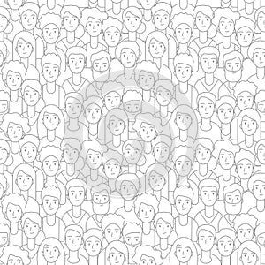 Crowd pattern. People faces seamless texture. Line diverse man woman students vector background