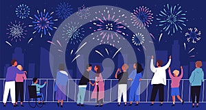 Crowd of people admiring celebratory fireworks at night cityscape vector flat illustration. Citizens of megapolis