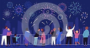 Crowd of people admiring celebratory fireworks at night cityscape vector flat illustration. Citizens of megapolis photo