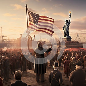 Crowd of people with the american flag and statue of liberty