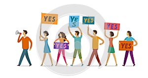 Crowd of people with banner and poster walking on public manifestation. Demonstration, rights, parade vector photo