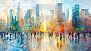 crowd of people in the big city, graphic illustration