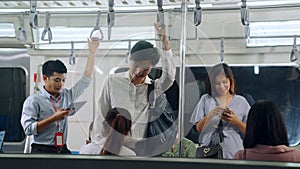 Crowd of people on a busy crowded public subway train travel