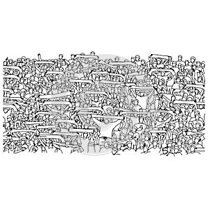 Crowd people cheering on stadium vector illustration sketch doodle hand drawn with black lines isolated on white background