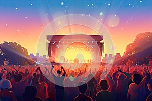 Crowd of people at the concert. Colorful background. Vector illustration, crowd at concert - summer music festival, AI Generated