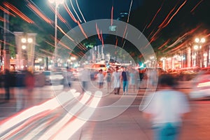 crowd of people crossing road in traffic, crossing the street. motion blur, dramatic urban scene