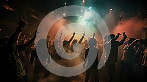 Crowd of people dancing on a live music concert at night club