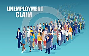 Crowd of people of different occupations standing in a line to claim unemployment