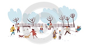 Crowd of people enjoying winter outdoors activity at park vector flat illustration. Colorful men, women and children