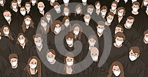 a crowd of people.  everyone breathes protected by a mask.  fear of covid-19 infection