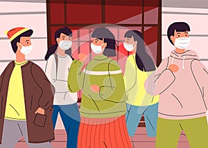 Crowd of people in face medical masks break rules of quarantine and self-isolation during pandemia