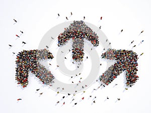 Crowd of people forming three arrows that go in three different directions. 3D Rendering