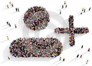 Crowd of people gathered together in the shape of add user sign, community membership concept, on transparent background