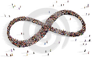 Crowd of people gathered together in the shape of infinity symbol, top view, continuity concept, on transparent background