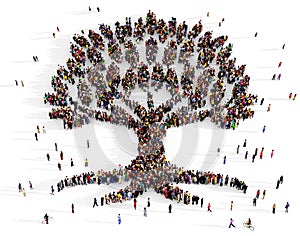 Crowd of people gathered together in the shape of large tree, human evolution and genealogy concept, isolated on transparency