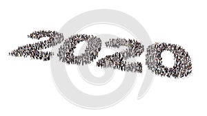 Crowd of people forming 2020 shape