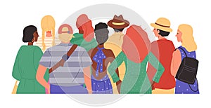 Crowd of people, half body men and women view from back, vector flat illustration various people characters from behind