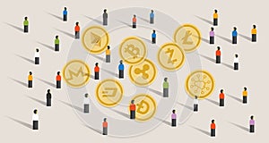 Crowd people hype together crypto-currency coin set bitcoin