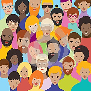 Crowd of people illustration. Crowded group of men, women various nationalities. Vector in flat style