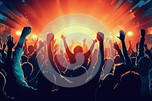 Crowd of people at a live music concert with raised hands, Crowd cheering at a live music concert and raising their hands, AI