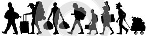 Crowd people migration. Resettlement of refugees. Man walks with a bag and a suitcase. Silhouette vector illustration photo