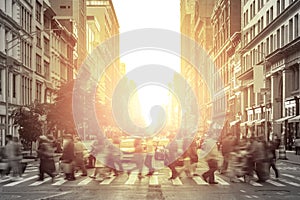 Crowd of people in motion across a busy sidewalk in Manhattan New York City