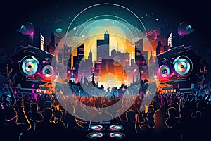 Crowd of people at a music festival. Colorful vector illustration, dj night club party rave with the crowd in music festival, AI