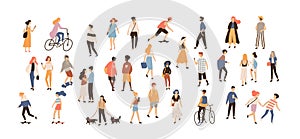 Crowd of people performing summer outdoor activities - walking dogs, riding bicycle, skateboarding. Group of male and