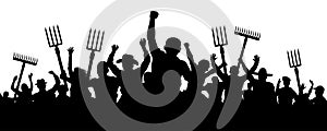 Crowd of people with a pitchfork shovel rake. Angry peasants protest demonstration. Riot workers vector silhouette