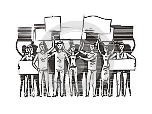 Crowd of people with placards on demonstration. Manifestation, protest sketch. Vector illustration