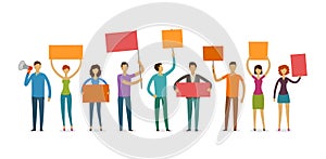 Crowd of people with placards on demonstration. Manifestation, protestation concept. Cartoon vector illustration photo