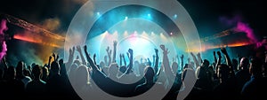 Crowd of people with raised hands dancing in night club, music festival, performance, modern clubbing culture