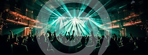 Crowd of people with raised hands dancing in night club, music festival, performance, modern clubbing culture