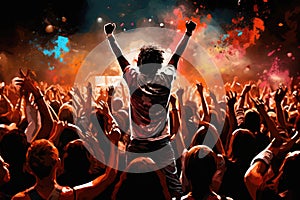 Crowd of people with raised hands at a live music festival, cheering crowd at a rock concert, AI Generated