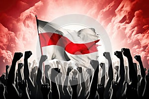 Crowd of People Raising Hands in Front of Flag, Silhouette of raised arms and clenched fists on the background of the flag of