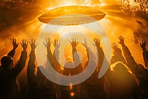 Crowd of people raising hands welcoming and worshipping an extraterrestrial flying saucer