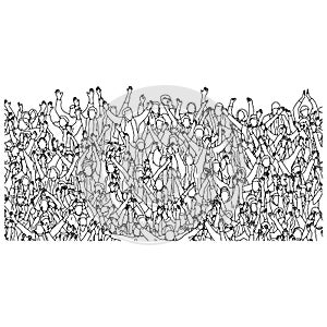 Crowd of people raising their hands up on stadium vector illustration sketch doodle hand drawn with black lines isolated on white