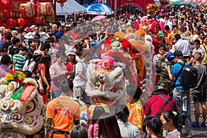 Crowd of people roams the street during celebration of Chinese New Year and Valentine's Day. Chinatown in Bangkok,