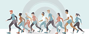 Crowd of people running. Men and Women jogging. Marathon race concept. Sport and fitness design template with runners and athletes photo