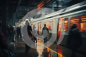 Crowd people in rush hour at subway. Generative AI