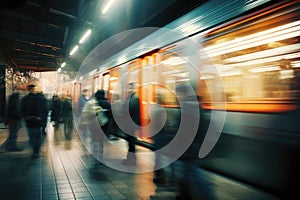 Crowd people in rush hour at subway. Generative AI