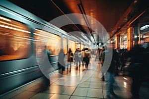 Crowd people in rush hour at subway. Generative AI