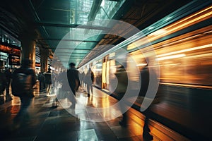 Crowd people in rush hour at subway. Generative AI