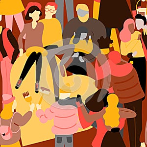 Crowd of people seamless pattern. Tiny man and woman. Different couples heterosexual gay lesbian mix race.Vector flat illustration
