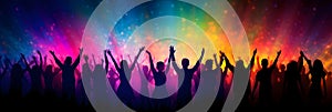 A crowd of people in silhouette raises their hands on a dancefloor with colorful lights and smoke above, neural network