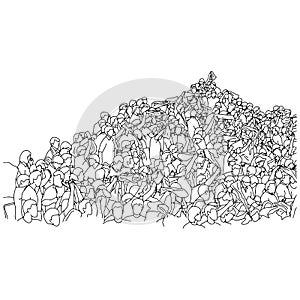 Crowd of people on stadium with copyspace vector illustration sketch doodle hand drawn with black lines isolated on white