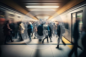 Crowd of people in subway, rush hour underground. Out of focus, motion blur, long exposure effect